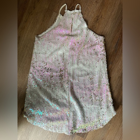 TCEC White and pink sequin halter high mini neck dress.  Size small. - Picture 4 of 8
